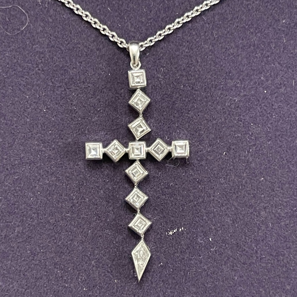 Elegant platinum, usher cut, and kite cut  Cross Pendant Necklace